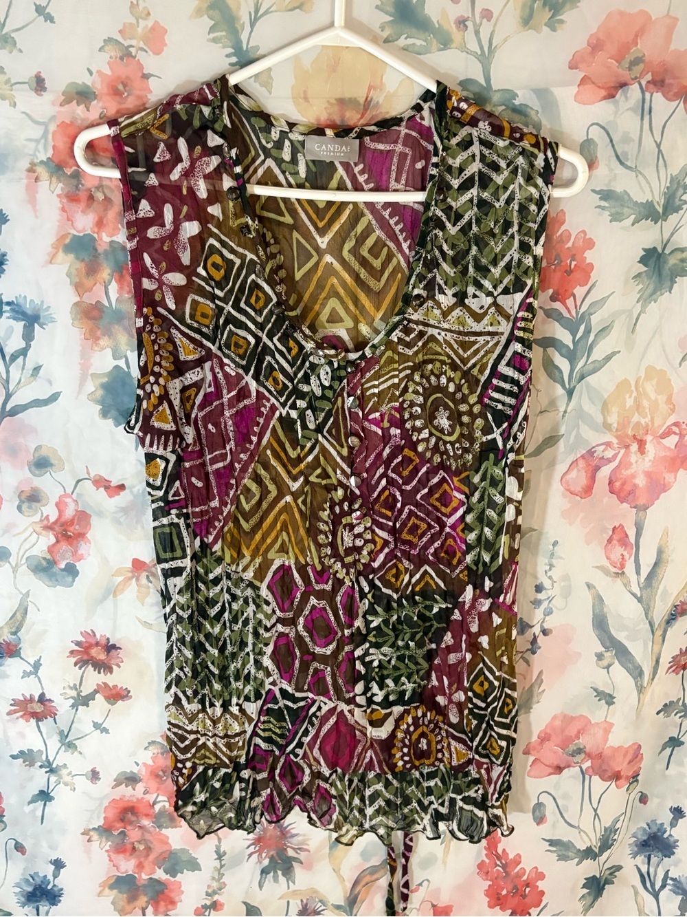 Vintage Sleeveless Patchwork Print Top — Olive & Magenta